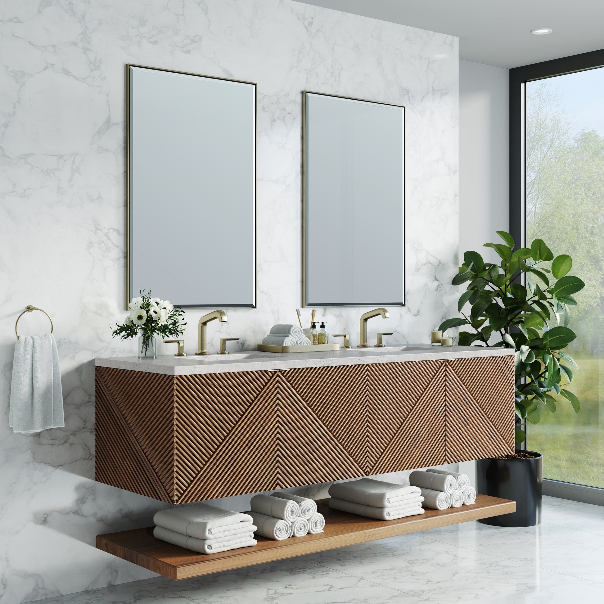 James Martin Vanities Marcello 72" Chestnut Double Vanity With 3 cm Eternal Jasmine Pearl Top and FreePower Wireless Charger