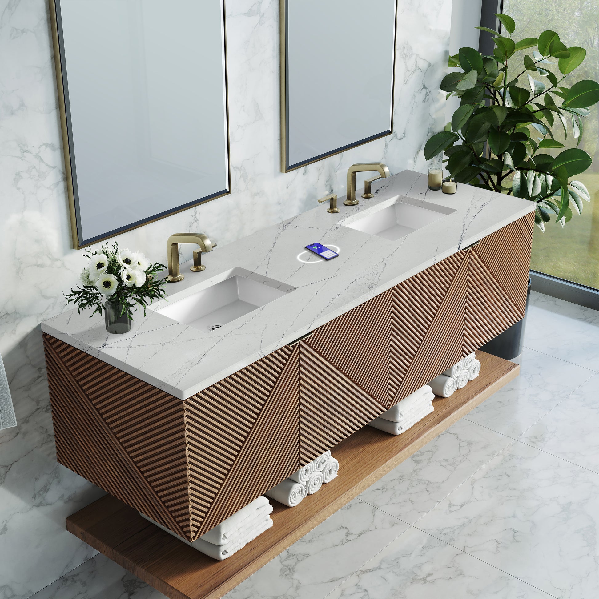 James Martin Vanities Marcello 72" Chestnut Double Vanity With 3 cm Ethereal Noctis Top and FreePower Wireless Charger