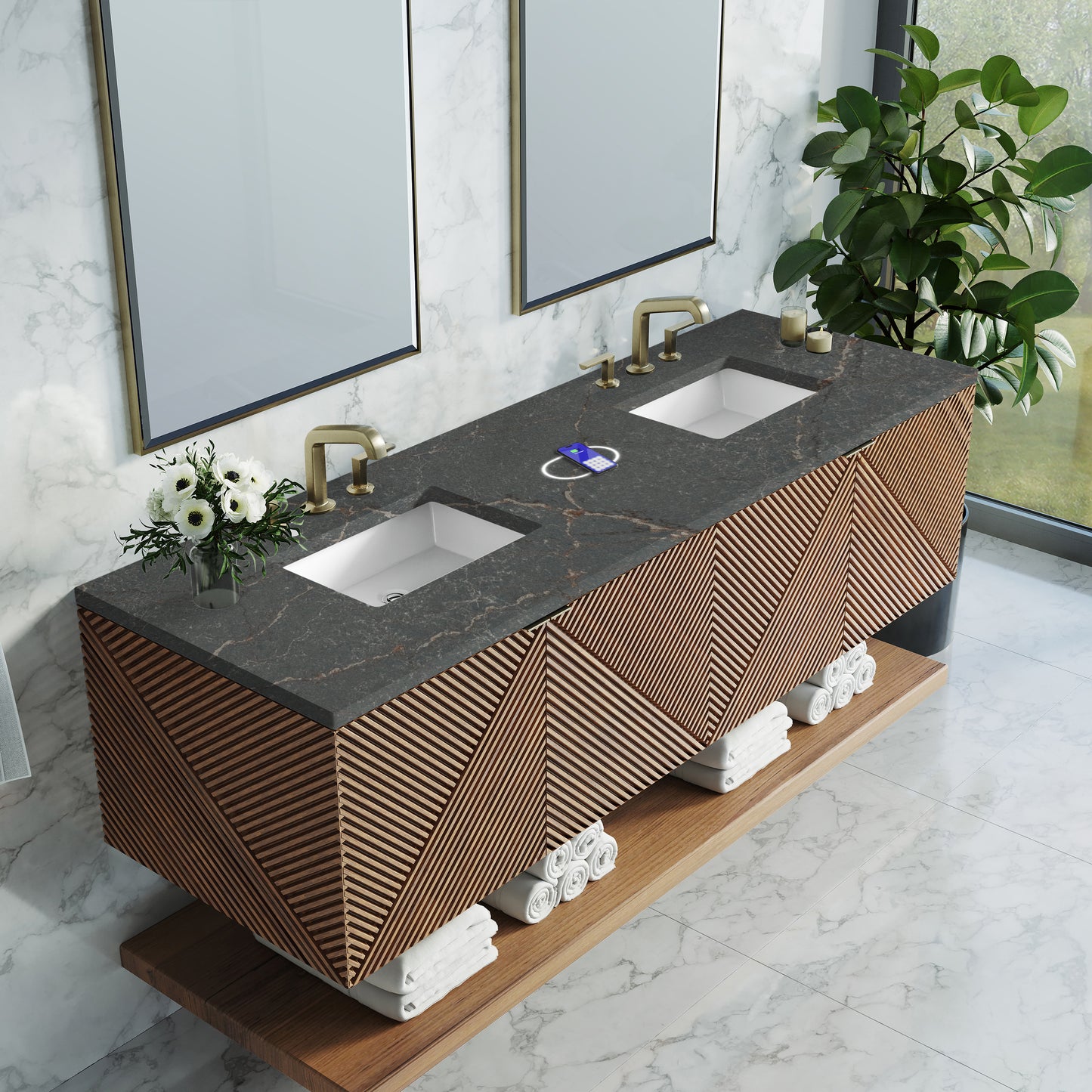 James Martin Vanities Marcello 72" Chestnut Double Vanity With 3 cm Parisien Bleu Top and FreePower Wireless Charger