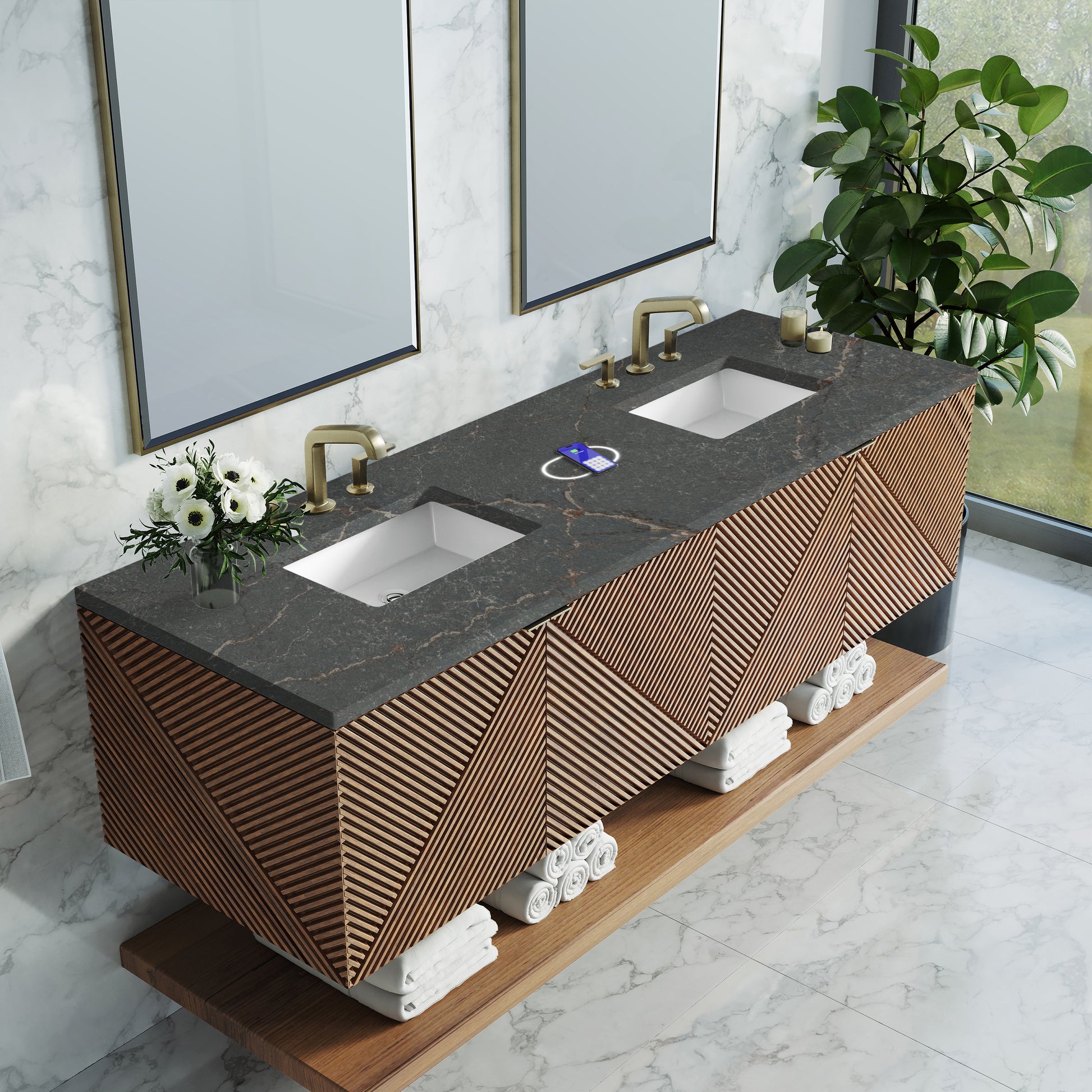 James Martin Vanities Marcello 72" Chestnut Double Vanity With 3 cm Parisien Bleu Top and FreePower Wireless Charger