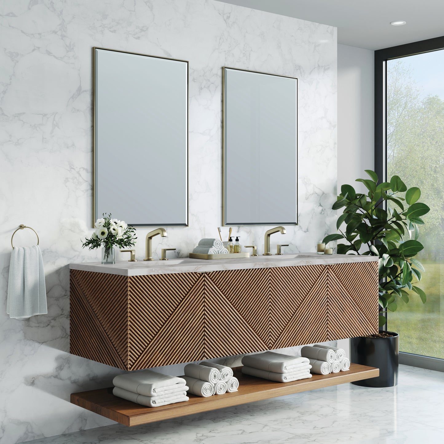 James Martin Vanities Marcello 72" Chestnut Double Vanity With 3 cm Victorian Silver Top and FreePower Wireless Charger