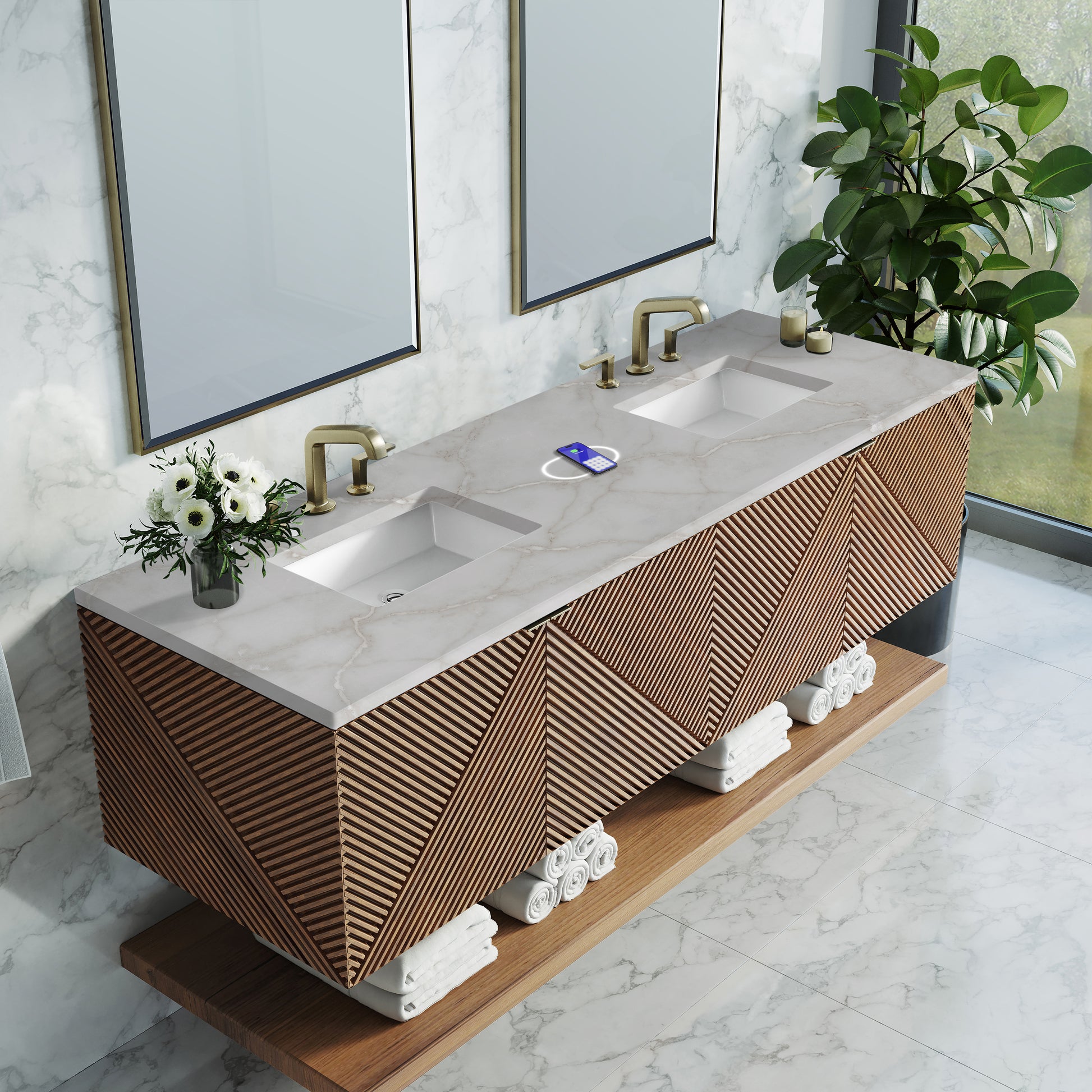James Martin Vanities Marcello 72" Chestnut Double Vanity With 3 cm Victorian Silver Top and FreePower Wireless Charger