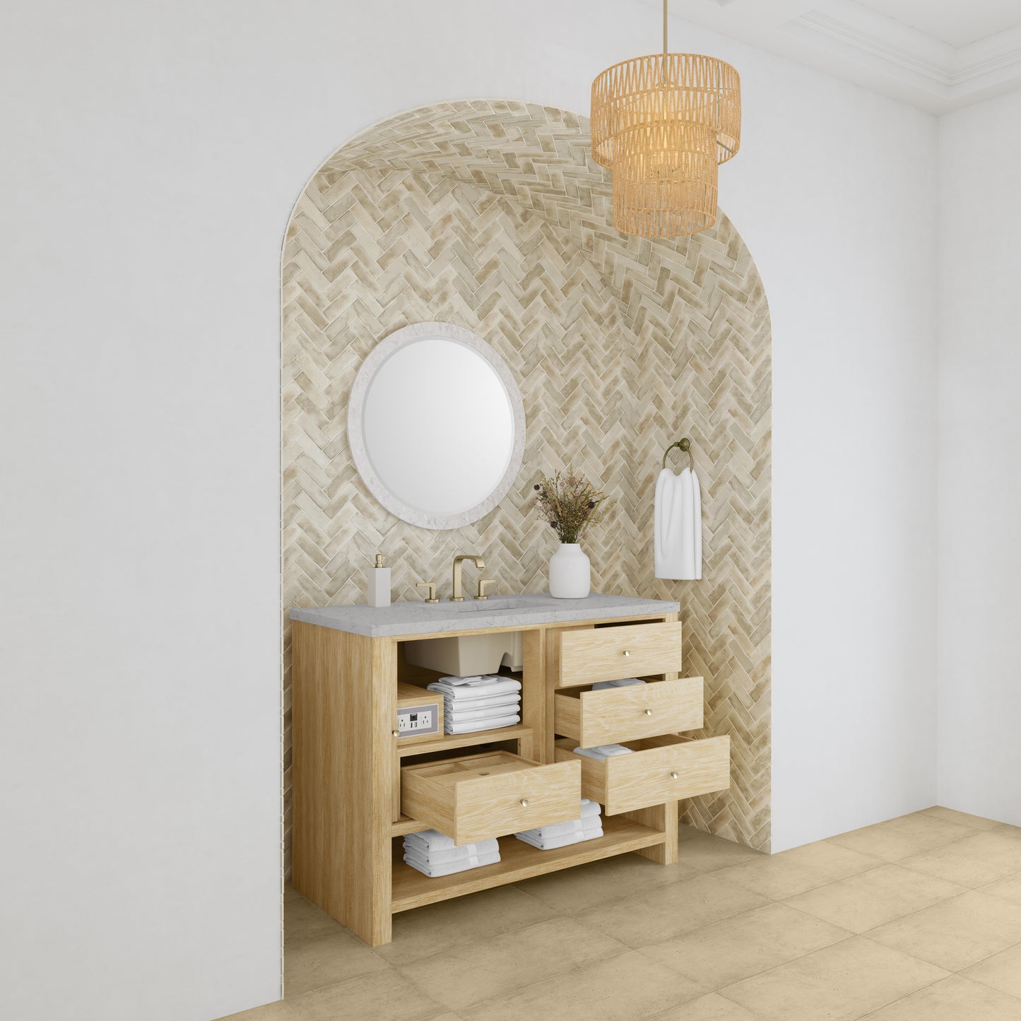 James Martin Vanities Marigot 48" Sunwashed Oak Single Vanity With 3cm Eternal Jasmine Pearl Silestone Top With FreePower Wireless Charger