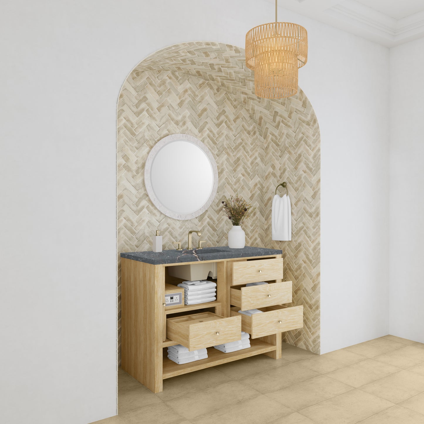 James Martin Vanities Marigot 48" Sunwashed Oak Single Vanity With 3cm Parisien Bleu Silestone Top With FreePower Wireless Charger