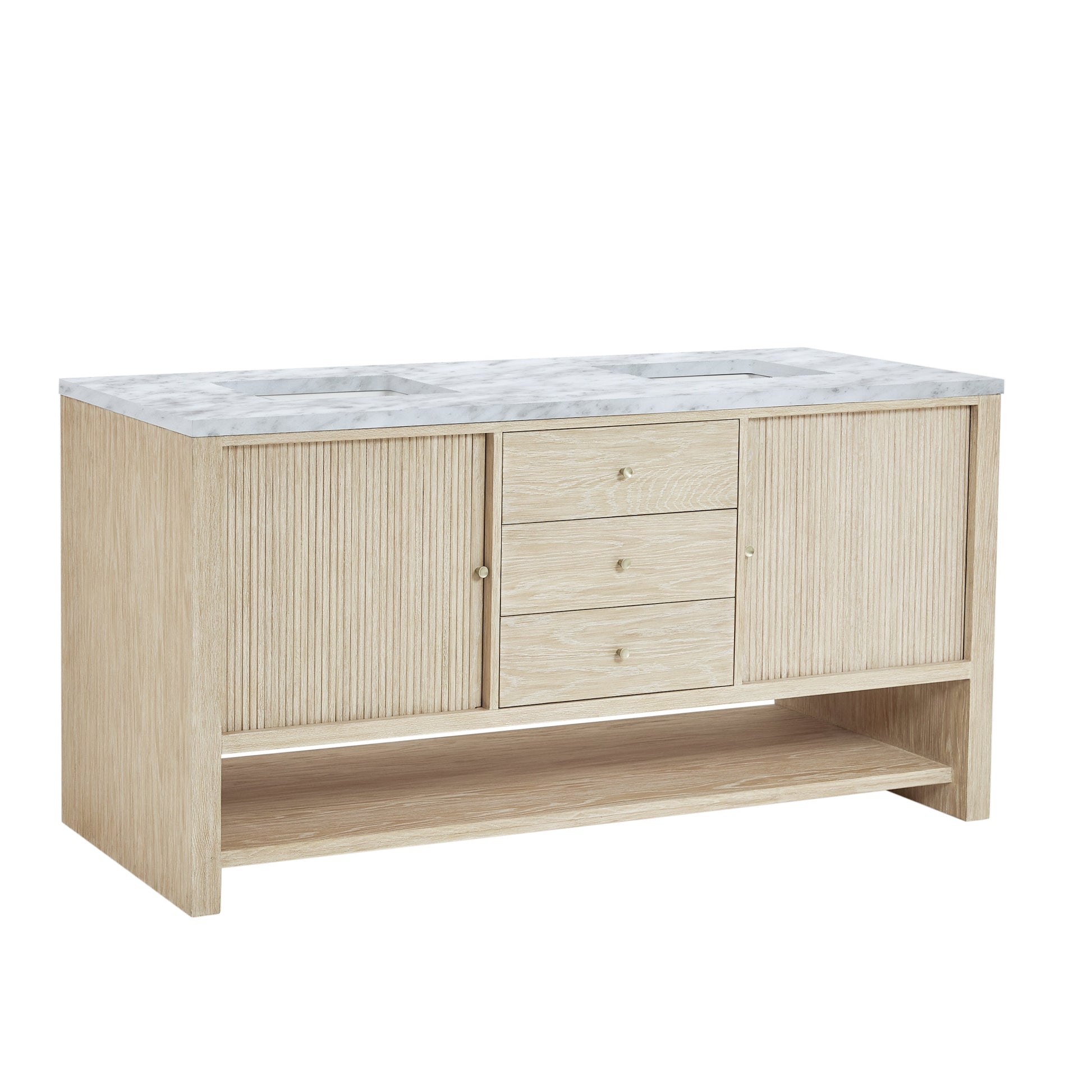 James Martin Vanities Marigot 72" Sunwashed Oak Double Vanity With 3 cm Carrara White Marble Top