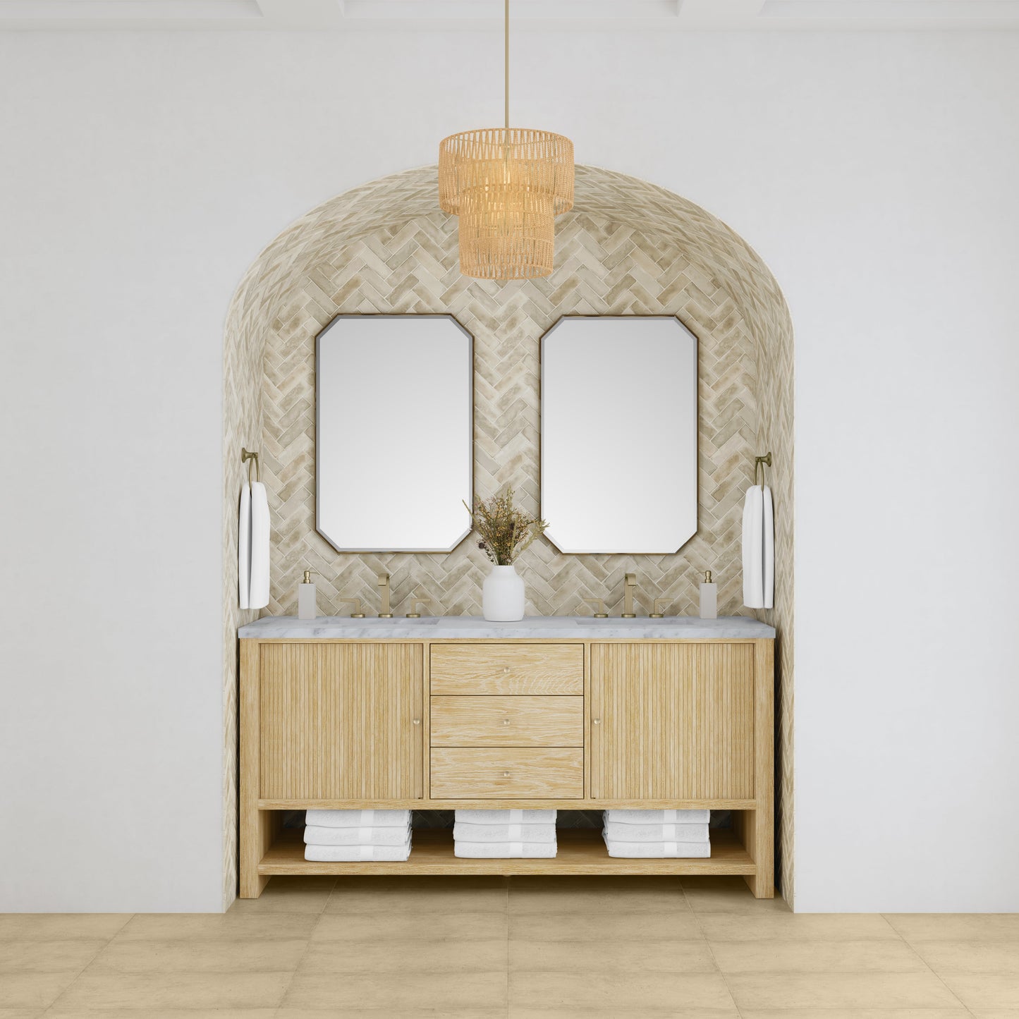 James Martin Vanities Marigot 72" Sunwashed Oak Double Vanity With 3 cm Carrara White Marble Top