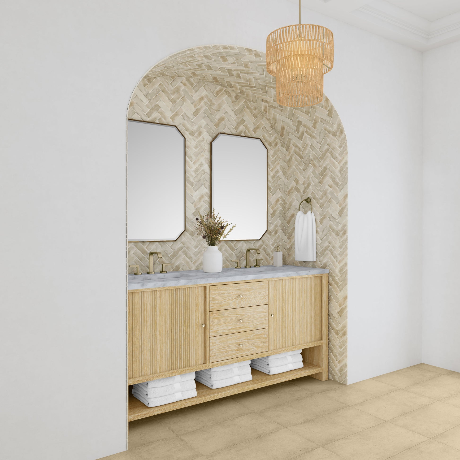 James Martin Vanities Marigot 72" Sunwashed Oak Double Vanity With 3 cm Carrara White Marble Top