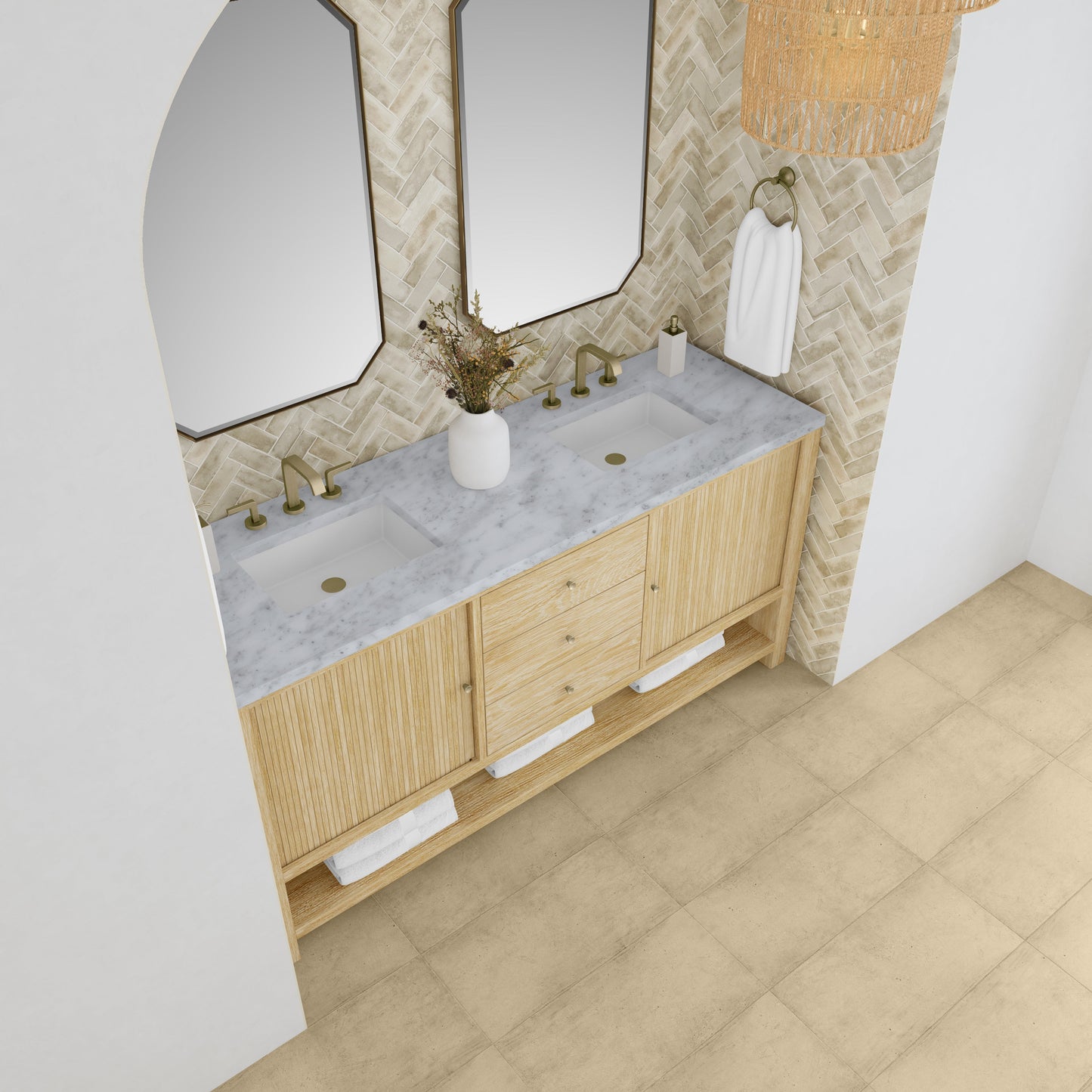 James Martin Vanities Marigot 72" Sunwashed Oak Double Vanity With 3 cm Carrara White Marble Top