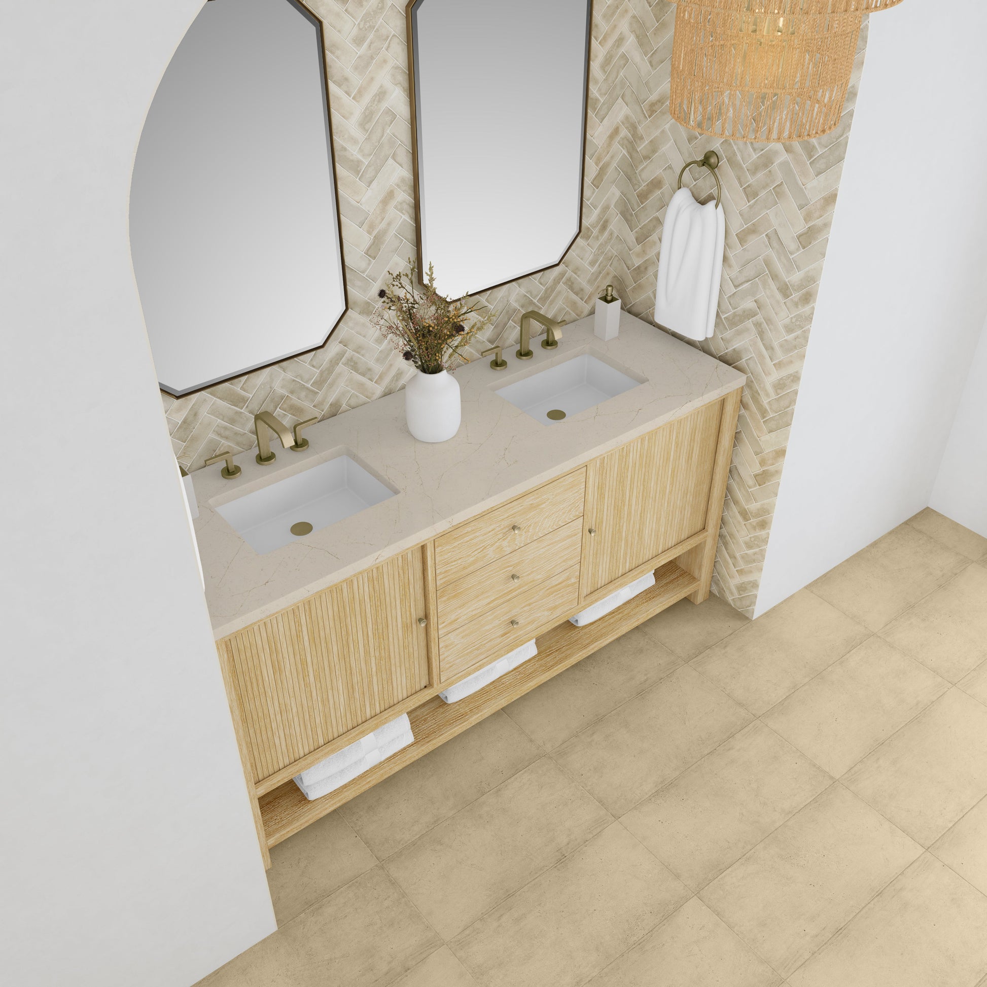 James Martin Vanities Marigot 72" Sunwashed Oak Double Vanity With 3 cm Eternal Marfil Quartz Top