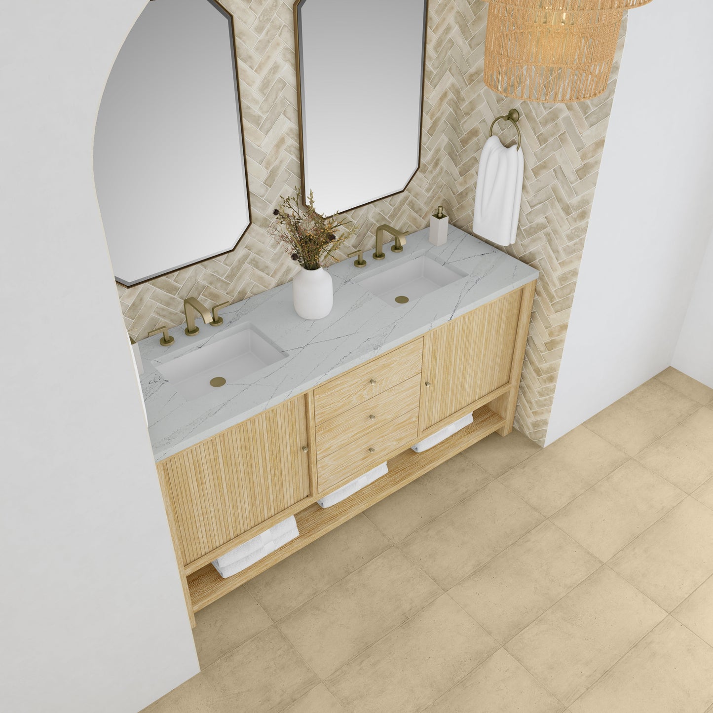 James Martin Vanities Marigot 72" Sunwashed Oak Double Vanity With 3 cm Ethereal Noctis Quartz Top