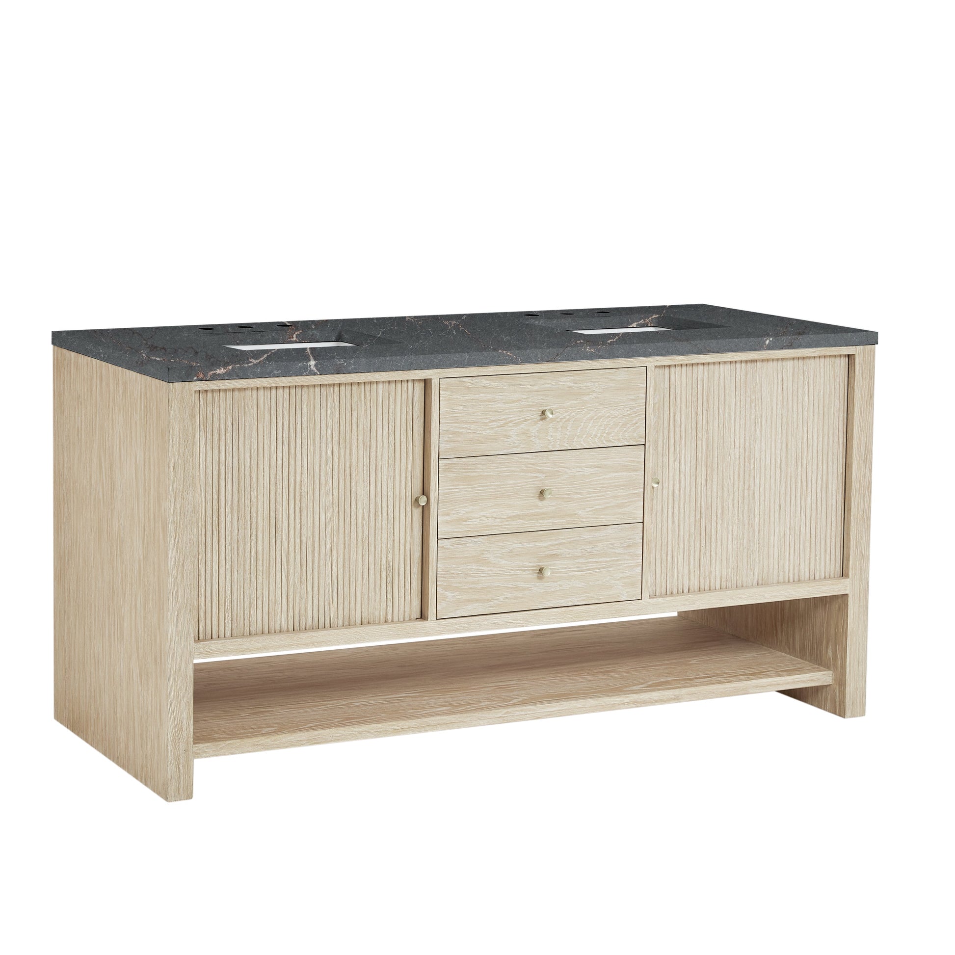 James Martin Vanities Marigot 72" Sunwashed Oak Double Vanity With 3 cm Parisien Bleu Quartz Top