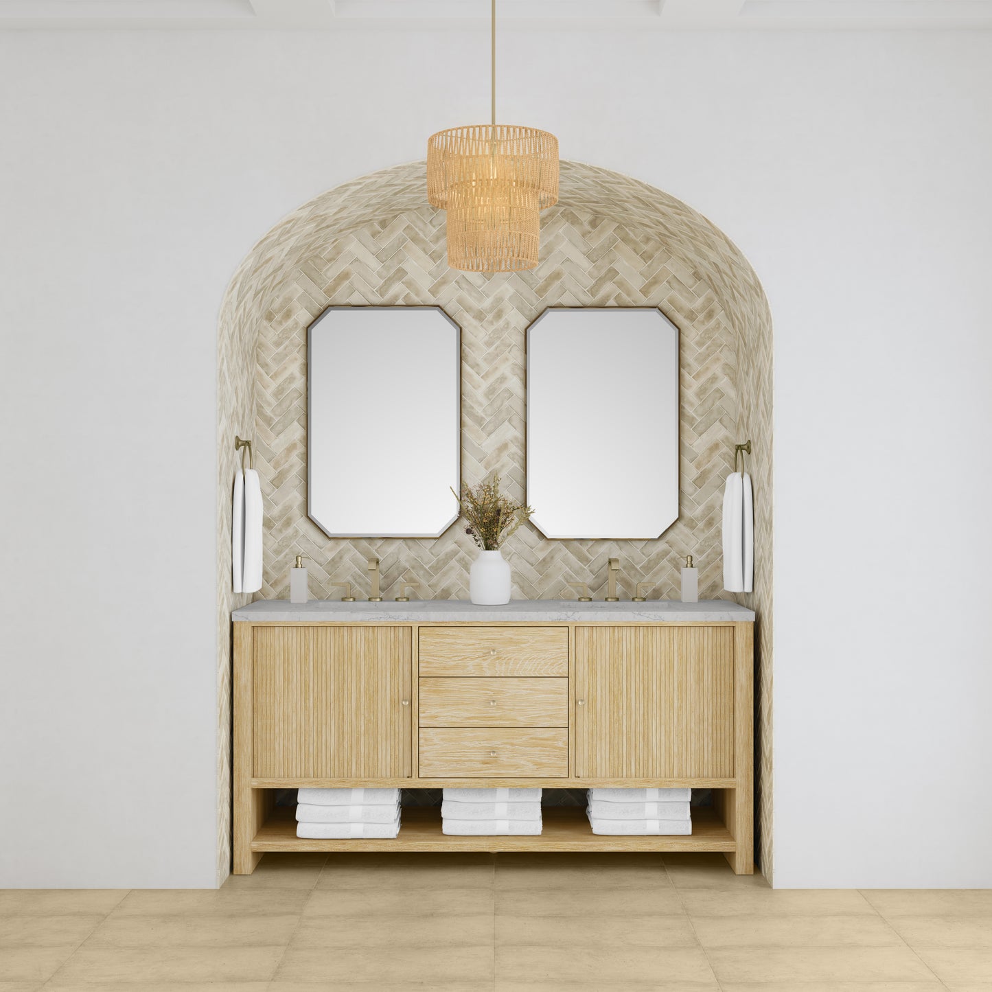 James Martin Vanities Marigot 72" Sunwashed Oak Double Vanity With 3cm Eternal Jasmine Pearl Silestone Top With FreePower Wireless Charger