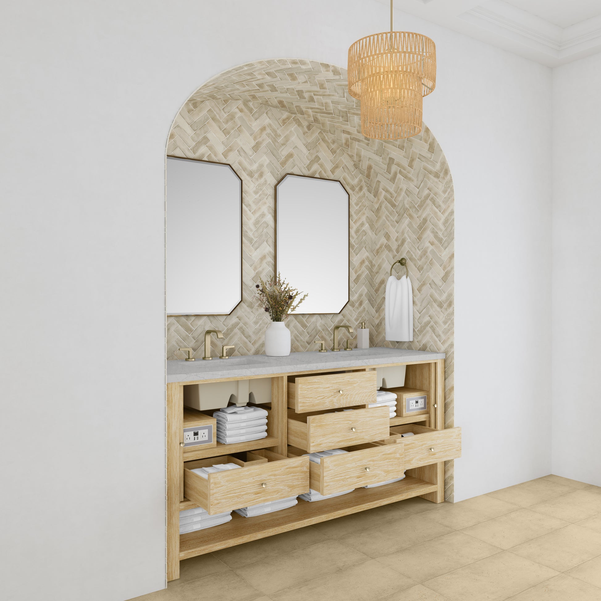 James Martin Vanities Marigot 72" Sunwashed Oak Double Vanity With 3cm Eternal Jasmine Pearl Silestone Top With FreePower Wireless Charger