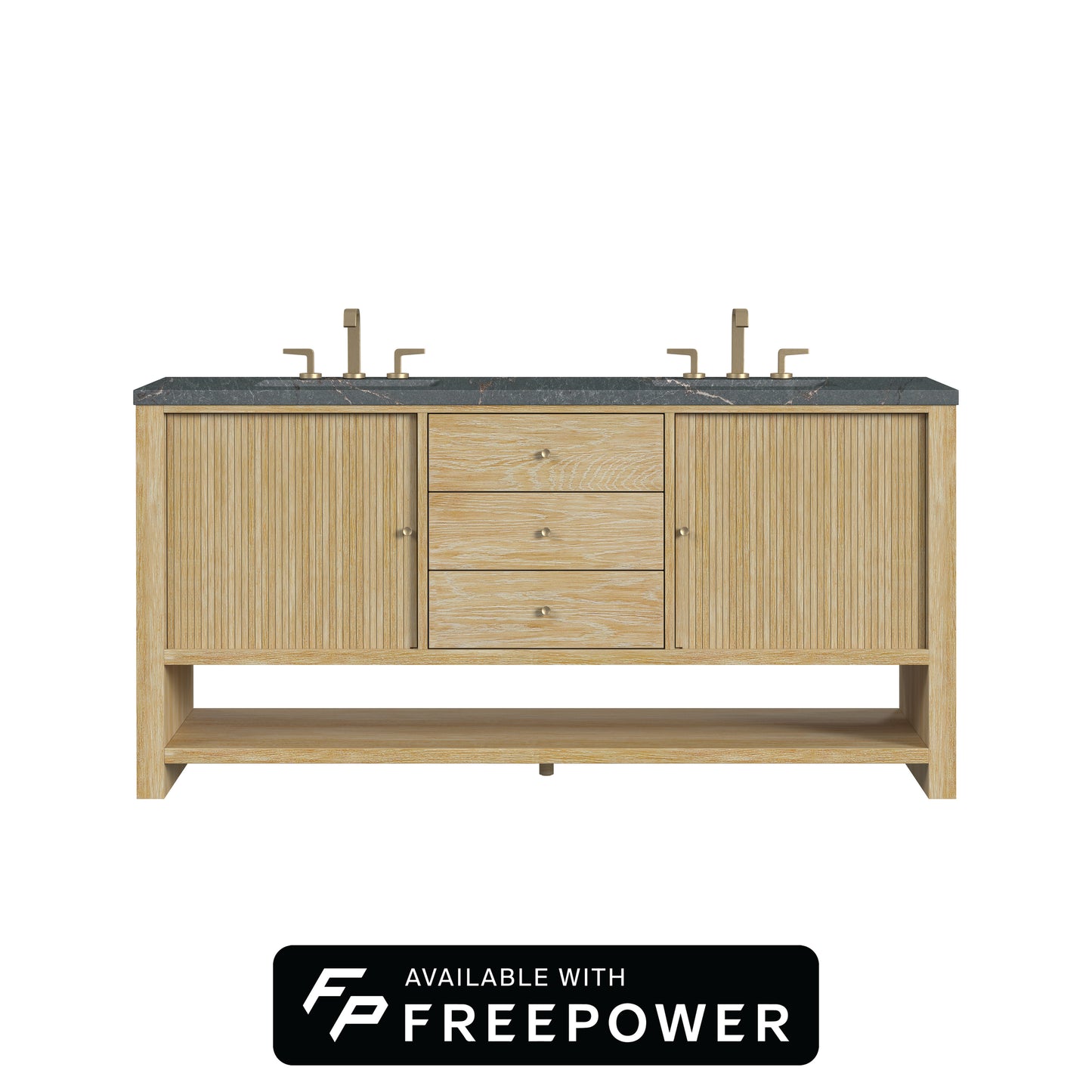 James Martin Vanities Marigot 72" Sunwashed Oak Double Vanity With 3cm Parisien Bleu Silestone Top With FreePower Wireless Charger