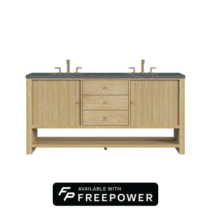 James Martin Vanities Marigot 72" Sunwashed Oak Double Vanity With 3cm Parisien Bleu Silestone Top With FreePower Wireless Charger