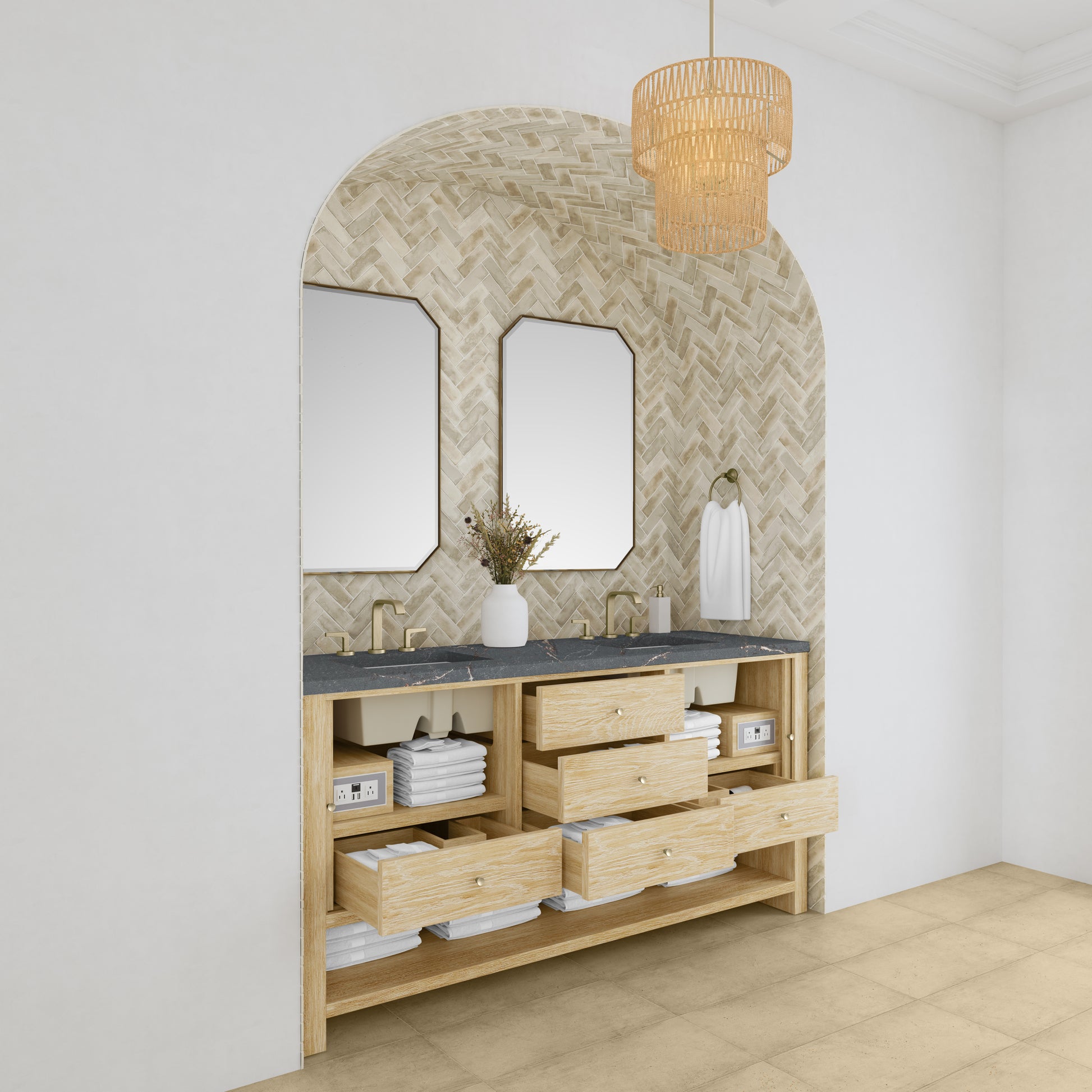 James Martin Vanities Marigot 72" Sunwashed Oak Double Vanity With 3cm Parisien Bleu Silestone Top With FreePower Wireless Charger