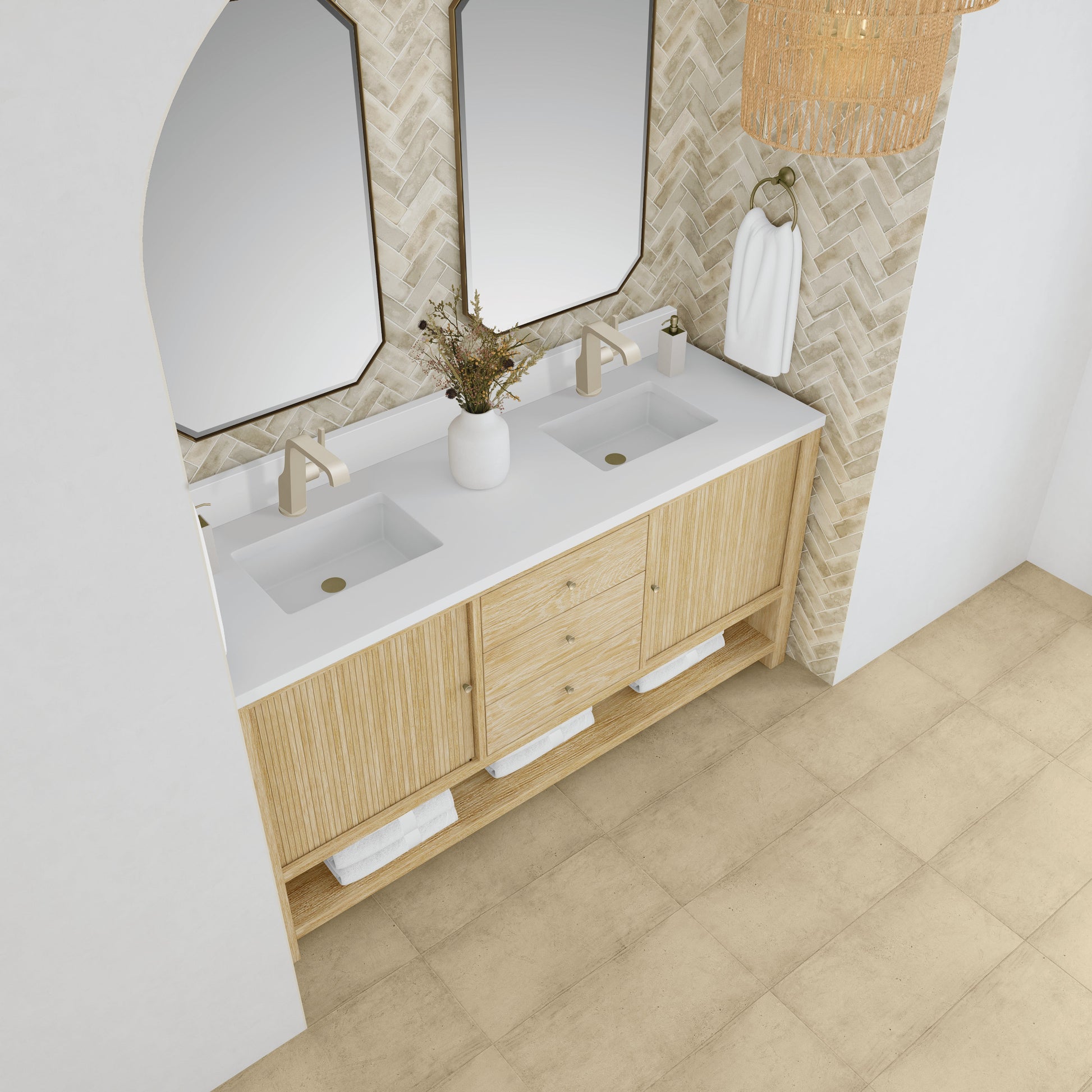 James Martin Vanities Marigot 72" Sunwashed Oak Double Vanity With Hole 3 cm White Zeus Quartz Top & Backsplash