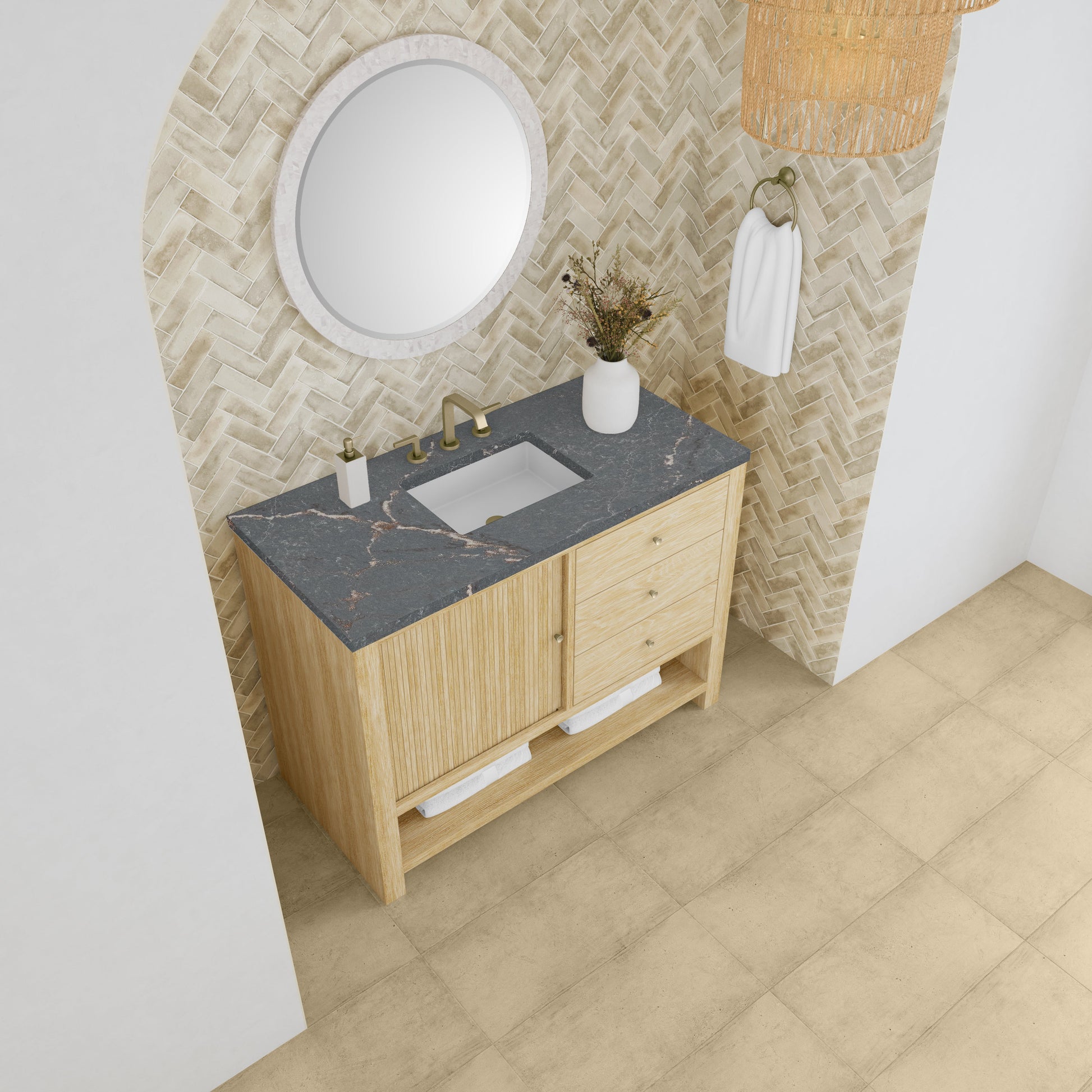 James Martin Vanities Marigot Single 48" Sunwashed Oak Single Vanity With 3 cm Parisien Bleu Quartz Top
