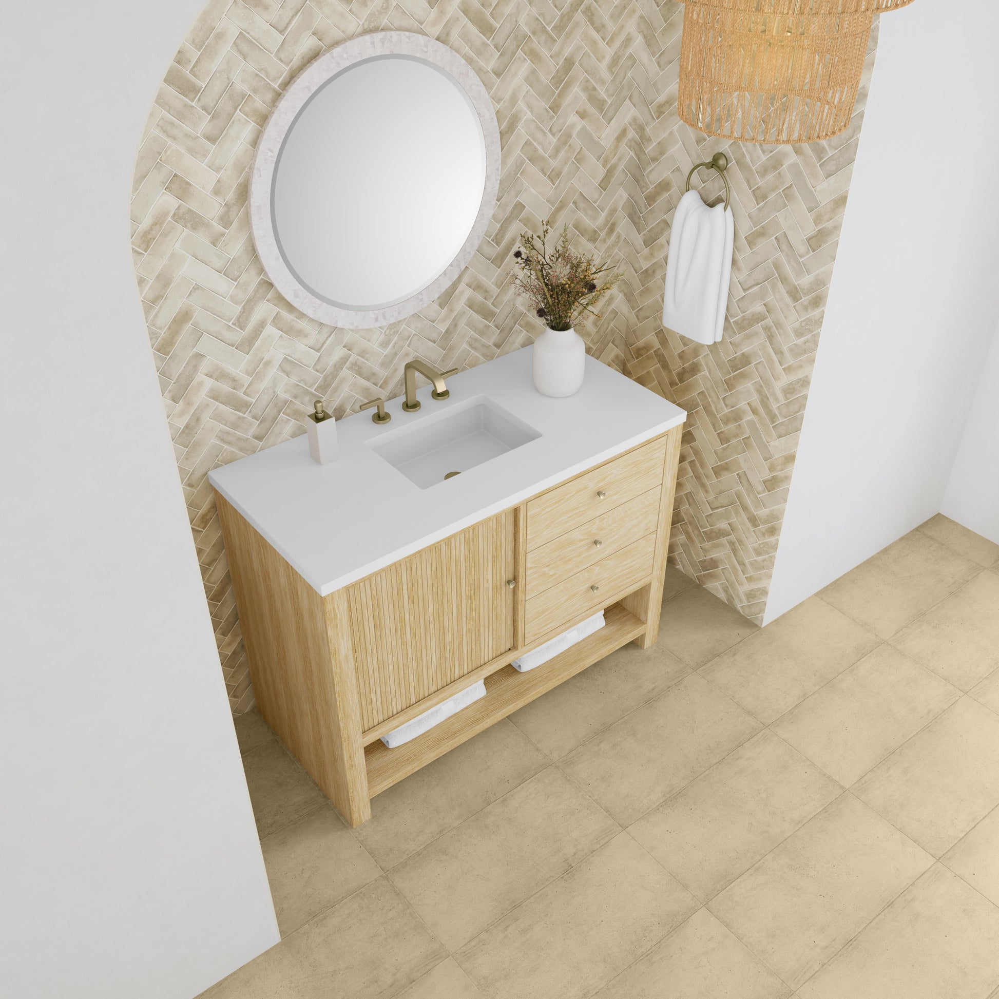 James Martin Vanities Marigot Single 48" Sunwashed Oak Single Vanity With 3 cm White Zeus Quartz Top