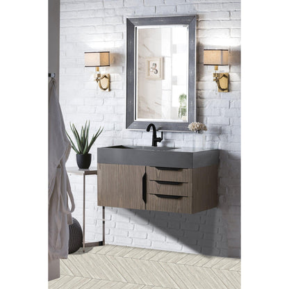 James Martin Vanities Mercer Island 36" Ash Gray, Matte Black Single Vanity With Dusk Grey Glossy Composite Top