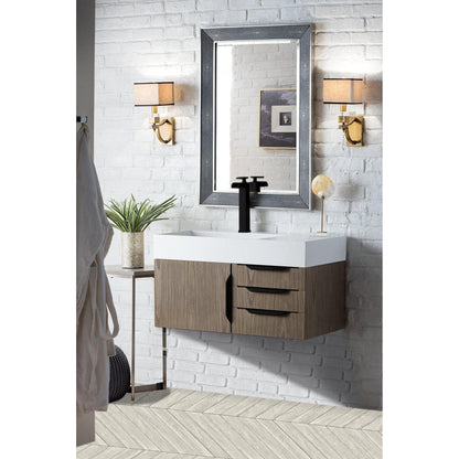 James Martin Vanities Mercer Island 36" Ash Gray, Matte Black Single Vanity With Glossy White Composite Top