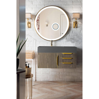 James Martin Vanities Mercer Island 36" Ash Gray, Radiant Gold Single Vanity With Dusk Grey Glossy Composite Top