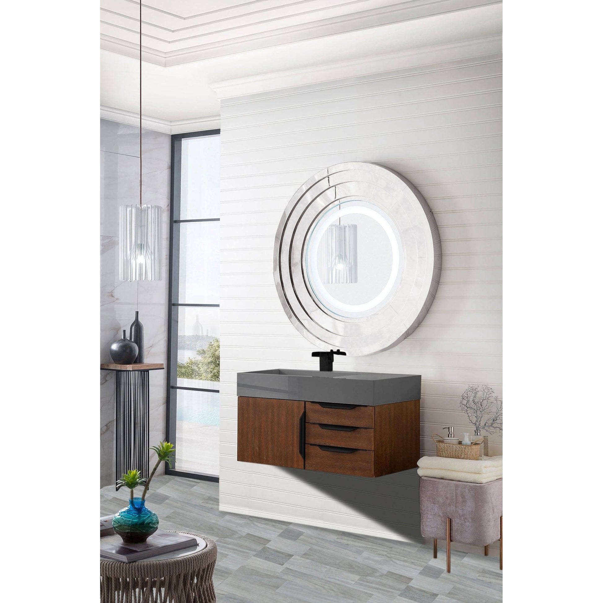 James Martin Vanities Mercer Island 36" Coffee Oak, Matte Black Single Vanity With Dusk Grey Glossy Composite Top