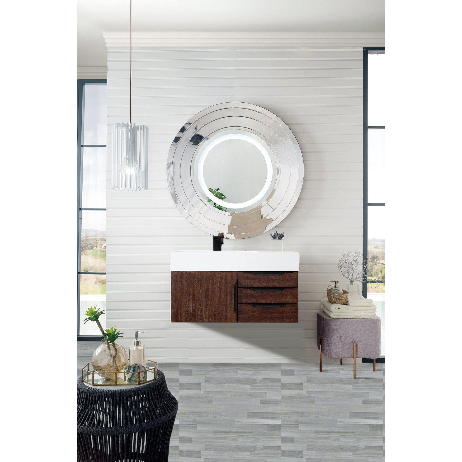 James Martin Vanities Mercer Island 36" Coffee Oak, Matte Black Single Vanity With Glossy White Composite Top