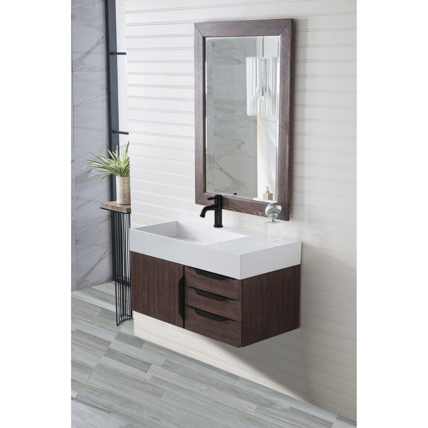 James Martin Vanities Mercer Island 36" Coffee Oak, Matte Black Single Vanity With Glossy White Composite Top