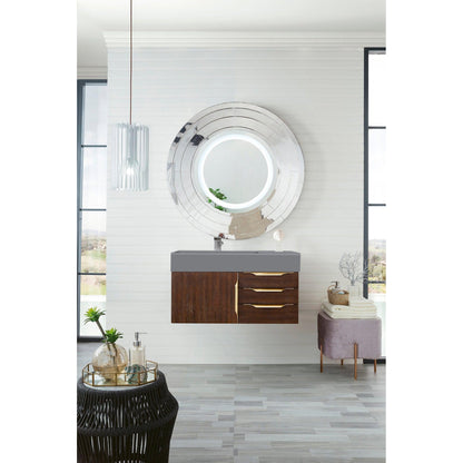 James Martin Vanities Mercer Island 36" Coffee Oak, Radiant Gold Single Vanity With Dusk Grey Glossy Composite Top