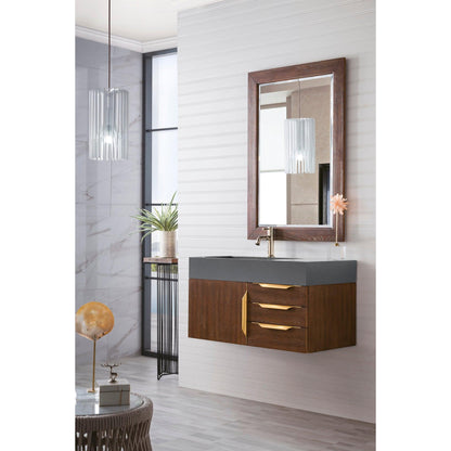 James Martin Vanities Mercer Island 36" Coffee Oak, Radiant Gold Single Vanity With Dusk Grey Glossy Composite Top