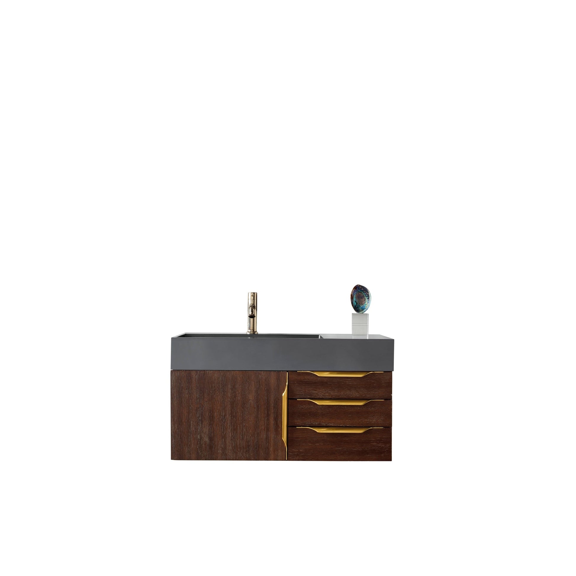 James Martin Vanities Mercer Island 36" Coffee Oak, Radiant Gold Single Vanity With Dusk Grey Glossy Composite Top