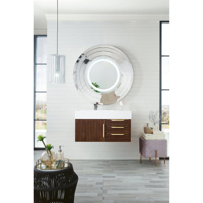 James Martin Vanities Mercer Island 36" Coffee Oak, Radiant Gold Single Vanity With Glossy White Composite Top