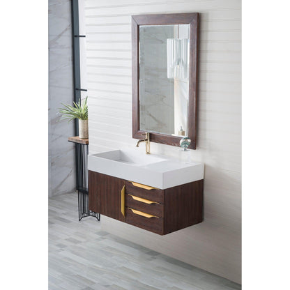 James Martin Vanities Mercer Island 36" Coffee Oak, Radiant Gold Single Vanity With Glossy White Composite Top