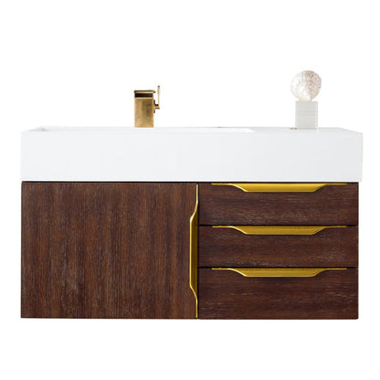 James Martin Vanities Mercer Island 36" Coffee Oak, Radiant Gold Single Vanity With Glossy White Composite Top