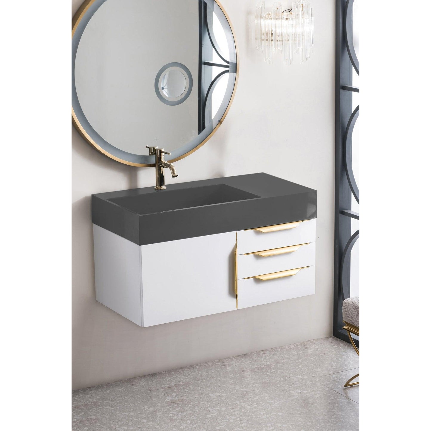 James Martin Vanities Mercer Island 36" Glossy White, Radiant Gold Single Vanity With Dusk Grey Glossy Composite Top