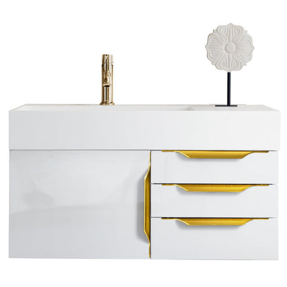 James Martin Vanities Mercer Island 36" Glossy White, Radiant Gold Single Vanity With Glossy White Composite Top