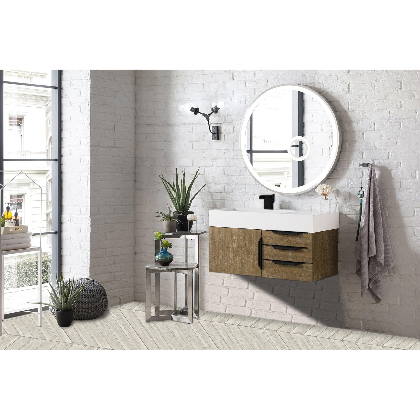 James Martin Vanities Mercer Island 36" Latte Oak, Matte Black Single Vanity With Glossy White Composite Top