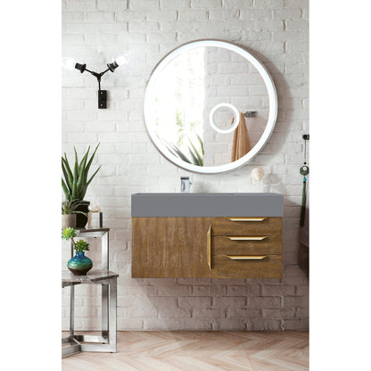 James Martin Vanities Mercer Island 36" Latte Oak, Radiant Gold Single Vanity With Dusk Grey Glossy Composite Top