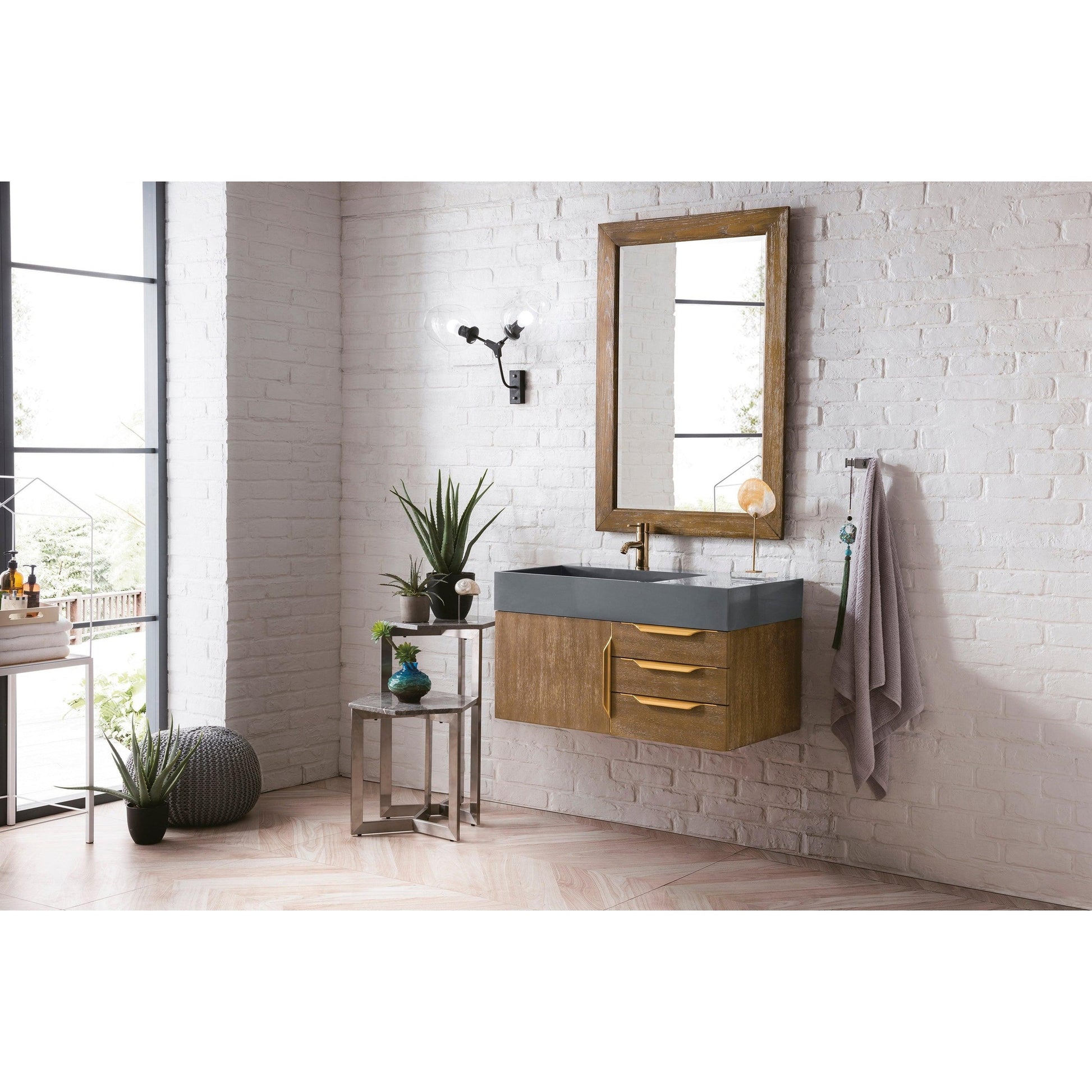 James Martin Vanities Mercer Island 36" Latte Oak, Radiant Gold Single Vanity With Dusk Grey Glossy Composite Top