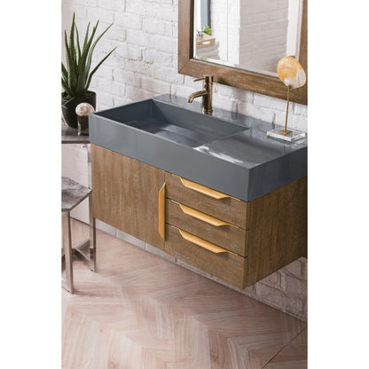 James Martin Vanities Mercer Island 36" Latte Oak, Radiant Gold Single Vanity With Dusk Grey Glossy Composite Top