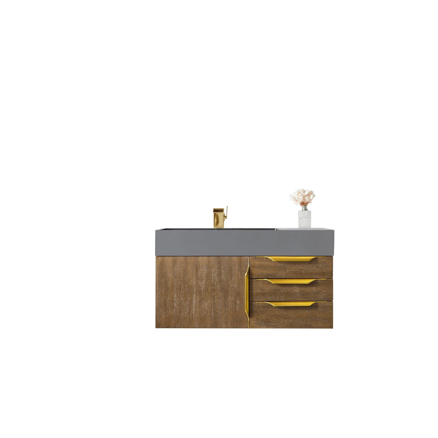 James Martin Vanities Mercer Island 36" Latte Oak, Radiant Gold Single Vanity With Dusk Grey Glossy Composite Top