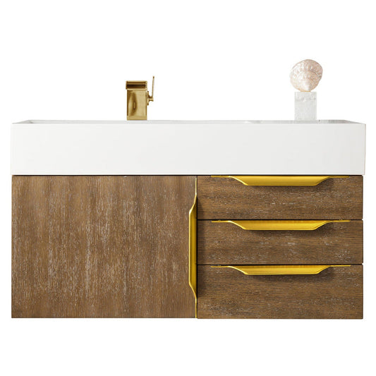 James Martin Vanities Mercer Island 36" Latte Oak, Radiant Gold Single Vanity With Glossy White Composite Top