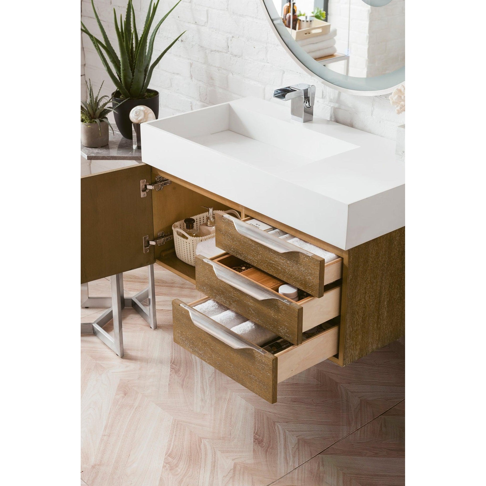 James Martin Vanities Mercer Island 36" Latte Oak Single Vanity With Glossy White Composite Top