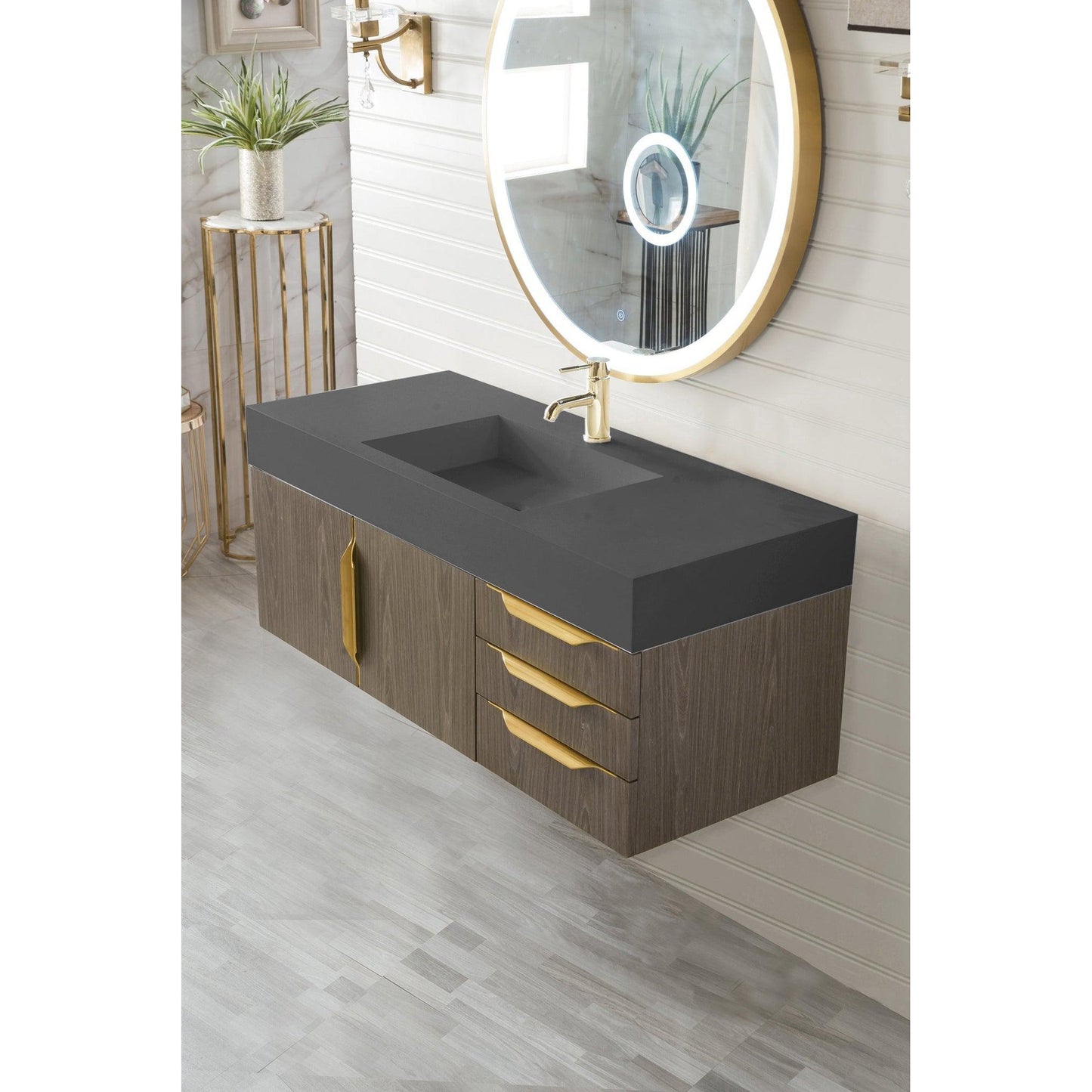 James Martin Vanities Mercer Island 48" Ash Gray, Radiant Gold Single Vanity With Dusk Grey Glossy Composite Top