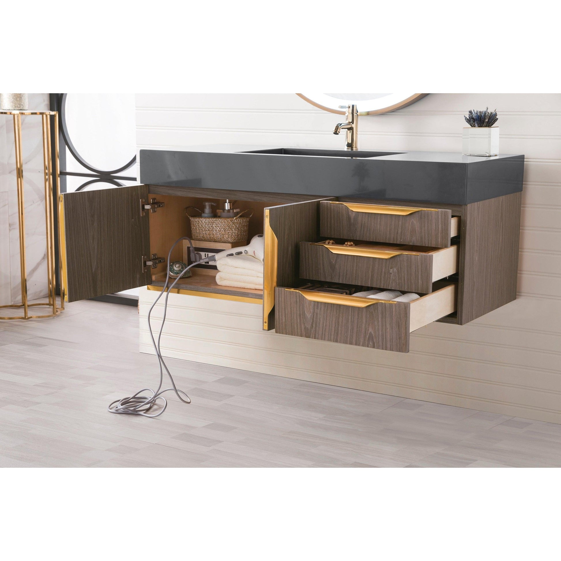 James Martin Vanities Mercer Island 48" Ash Gray, Radiant Gold Single Vanity With Dusk Grey Glossy Composite Top