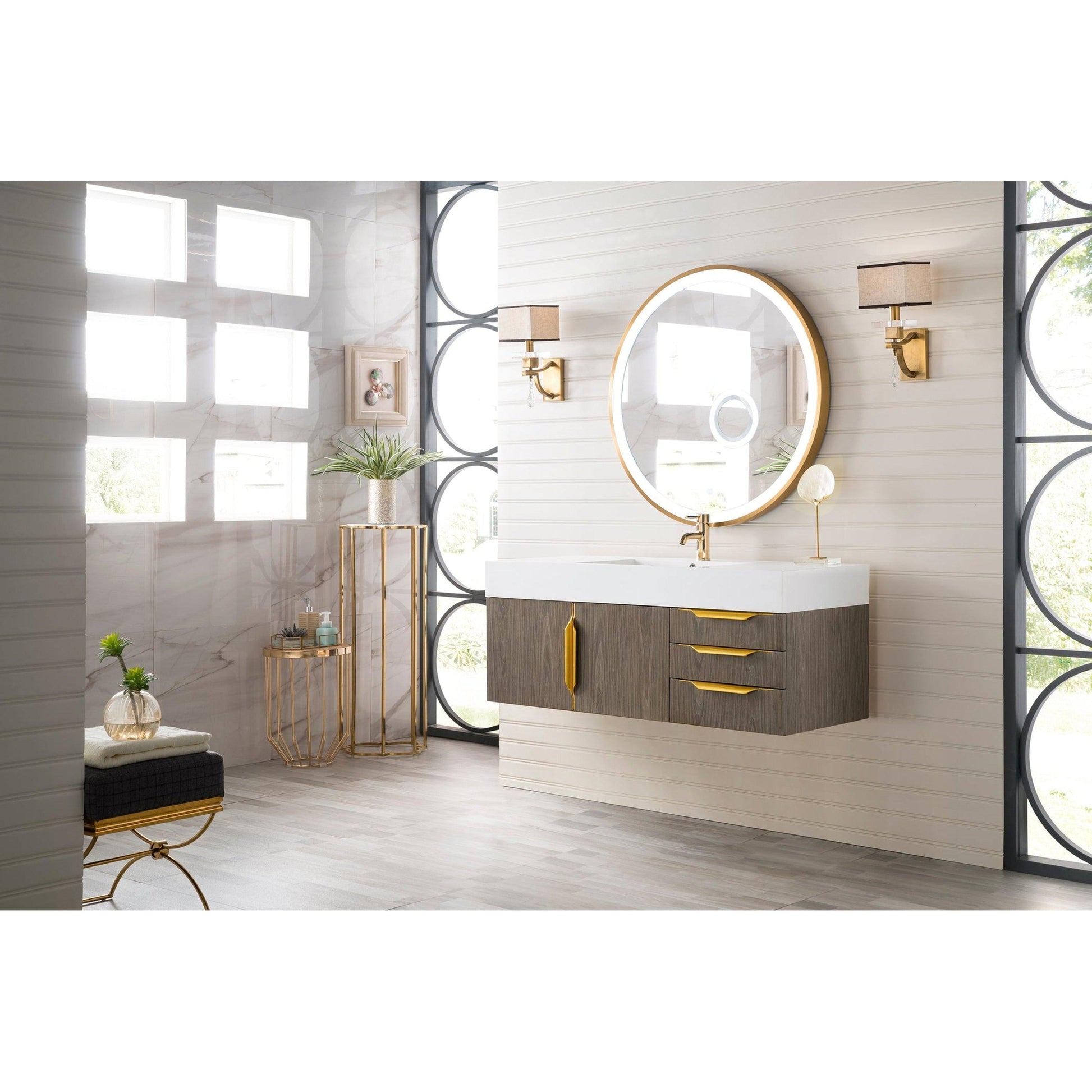 James Martin Vanities Mercer Island 48" Ash Gray, Radiant Gold Single Vanity With Glossy White Composite Top