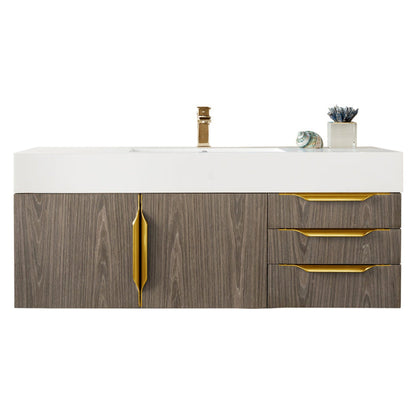 James Martin Vanities Mercer Island 48" Ash Gray, Radiant Gold Single Vanity With Glossy White Composite Top