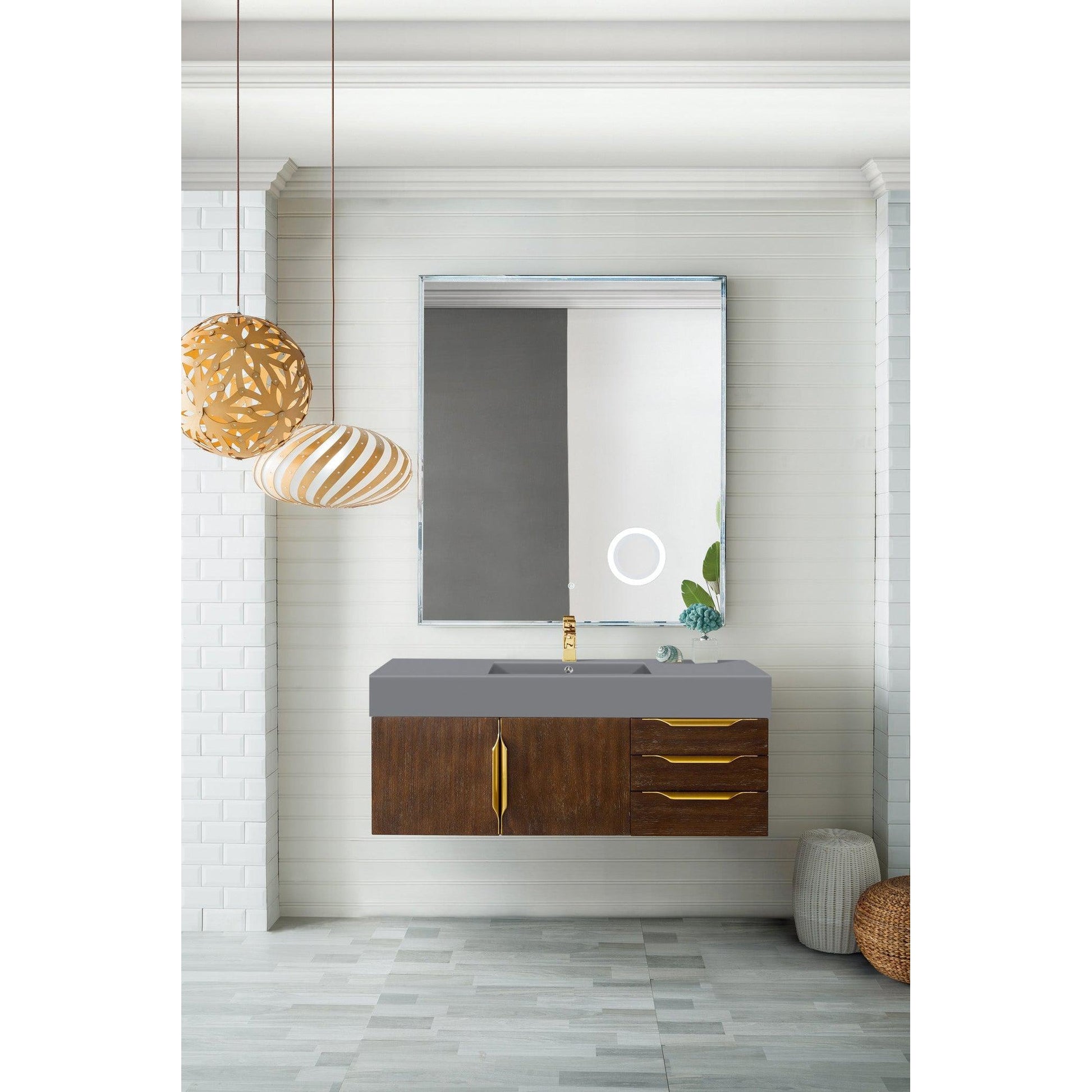 James Martin Vanities Mercer Island 48" Coffee Oak, Radiant Gold Single Vanity With Dusk Grey Glossy Composite Top