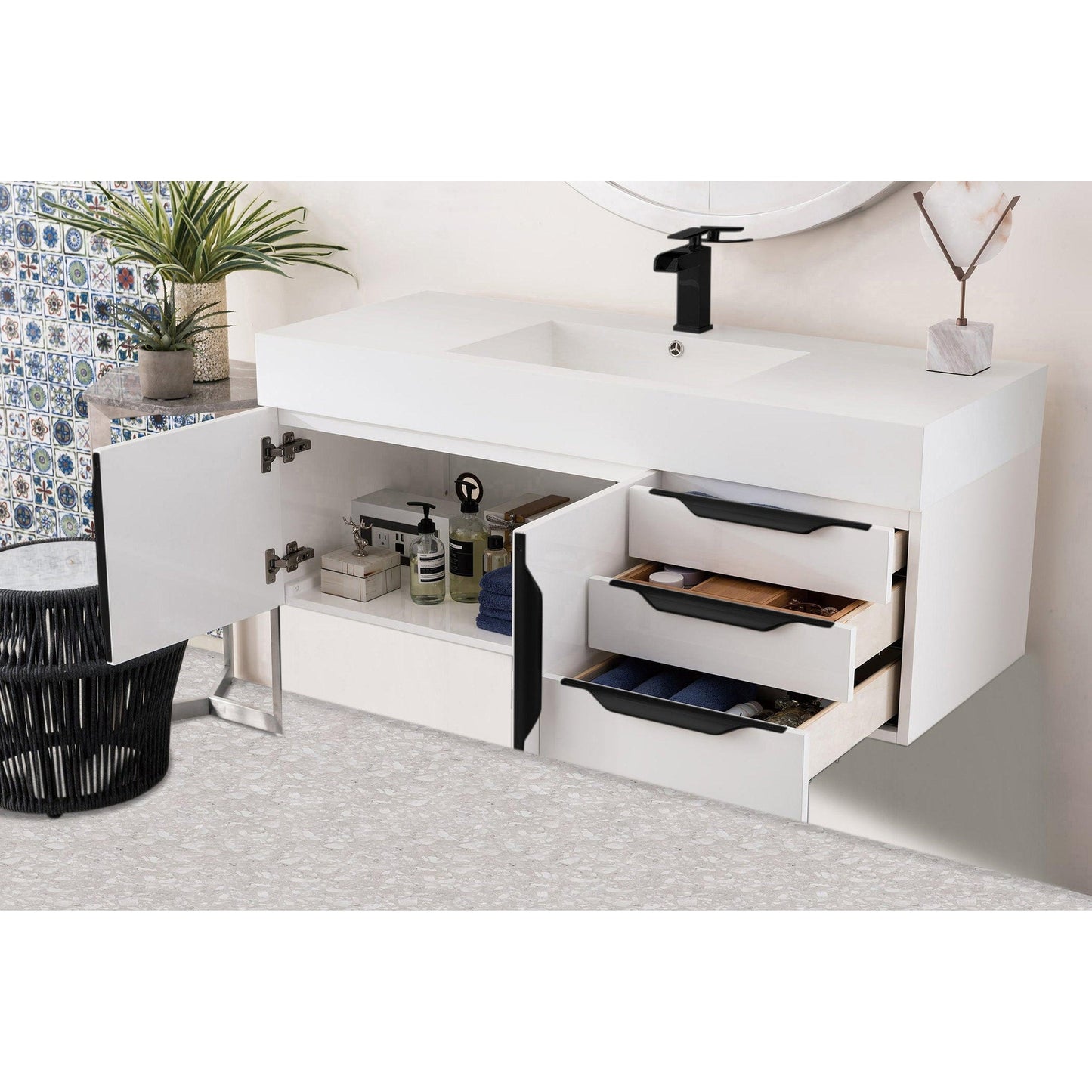 James Martin Vanities Mercer Island 48" Glossy White, Matte Black Single Vanity With Glossy White Composite Top